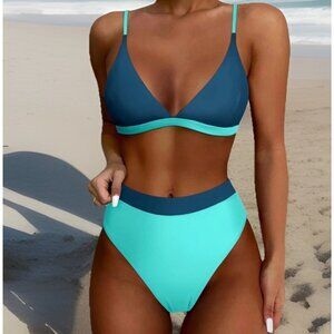 Women 2 Piece Swimsuit XL Blue/Teal Triangle Bikini High Waisted High Cut Cheeky